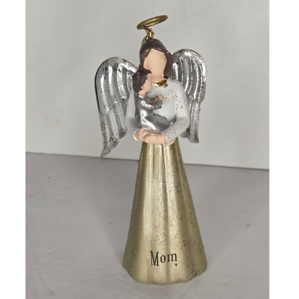 Mom Angel Figurine Mother Holding Child Silver Wings Gold Skirt Ornament
